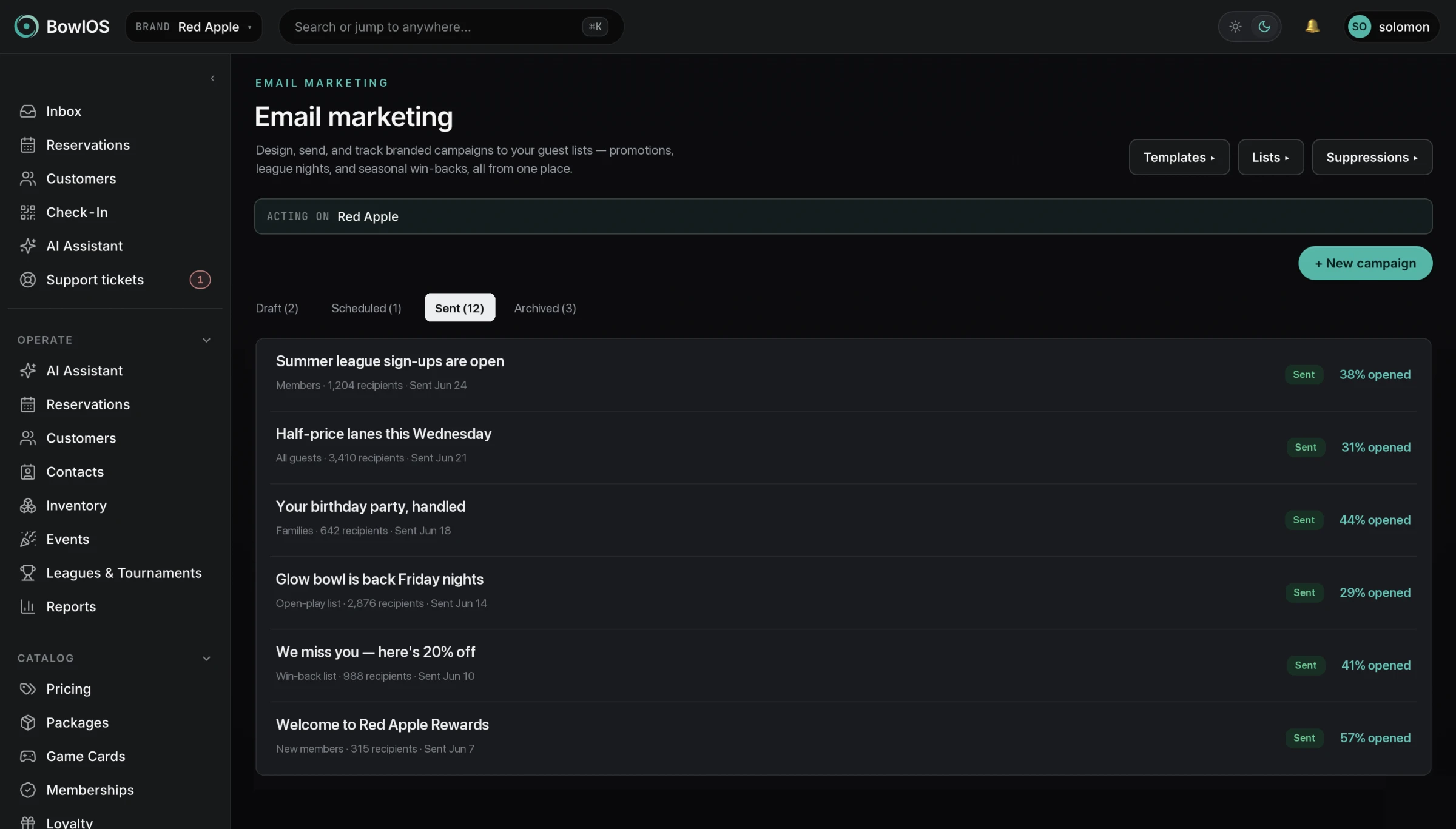 BowlOS email marketing — campaigns