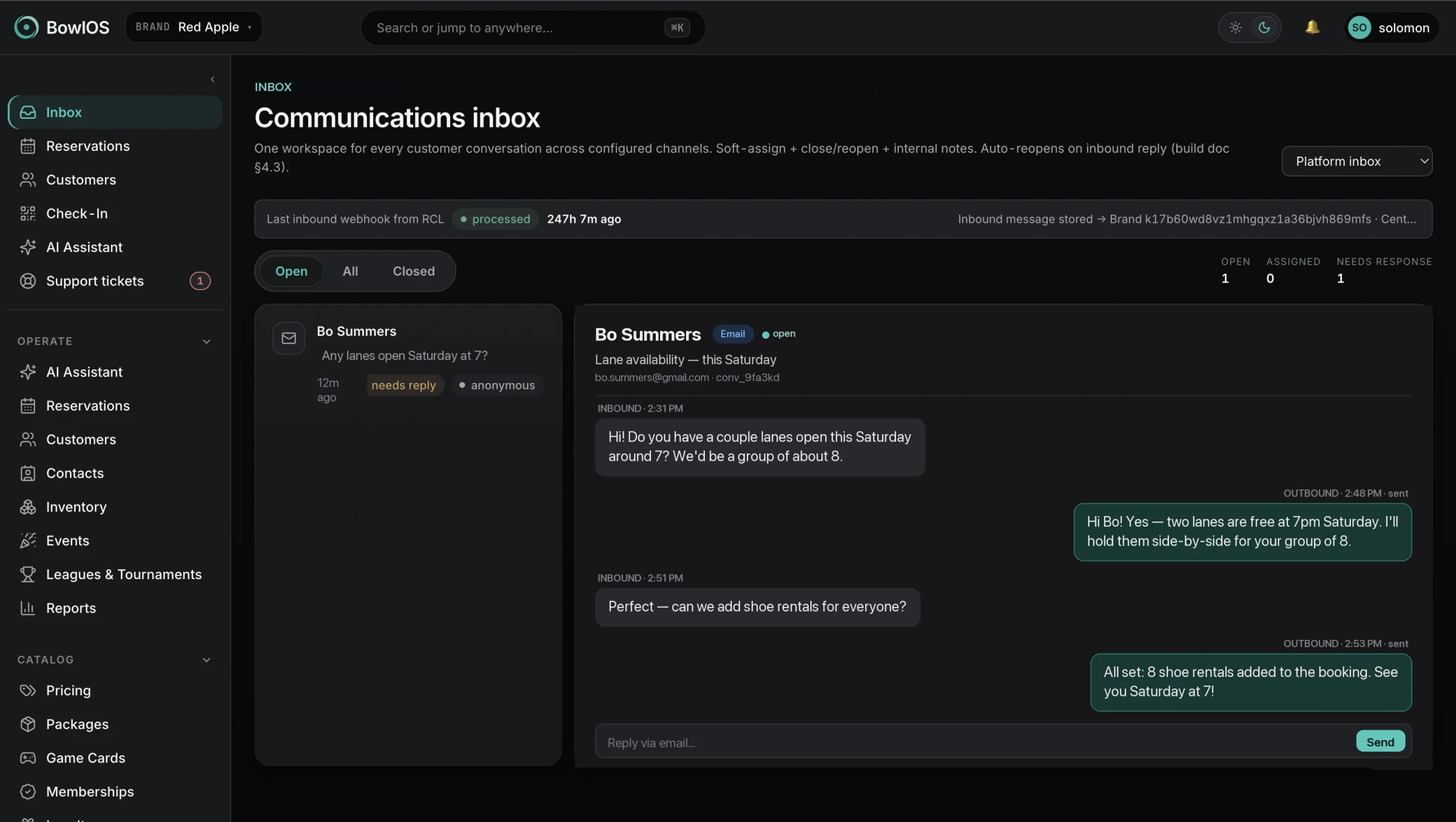 BowlOS communications inbox — a live customer conversation