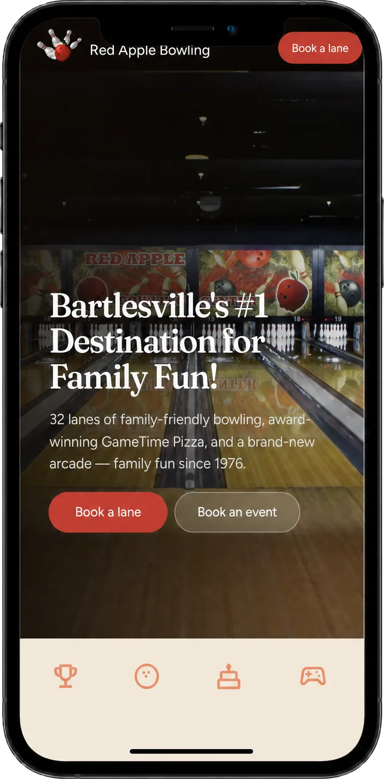 The Red Apple Bowling site on a phone — mobile-first, branded as theirs