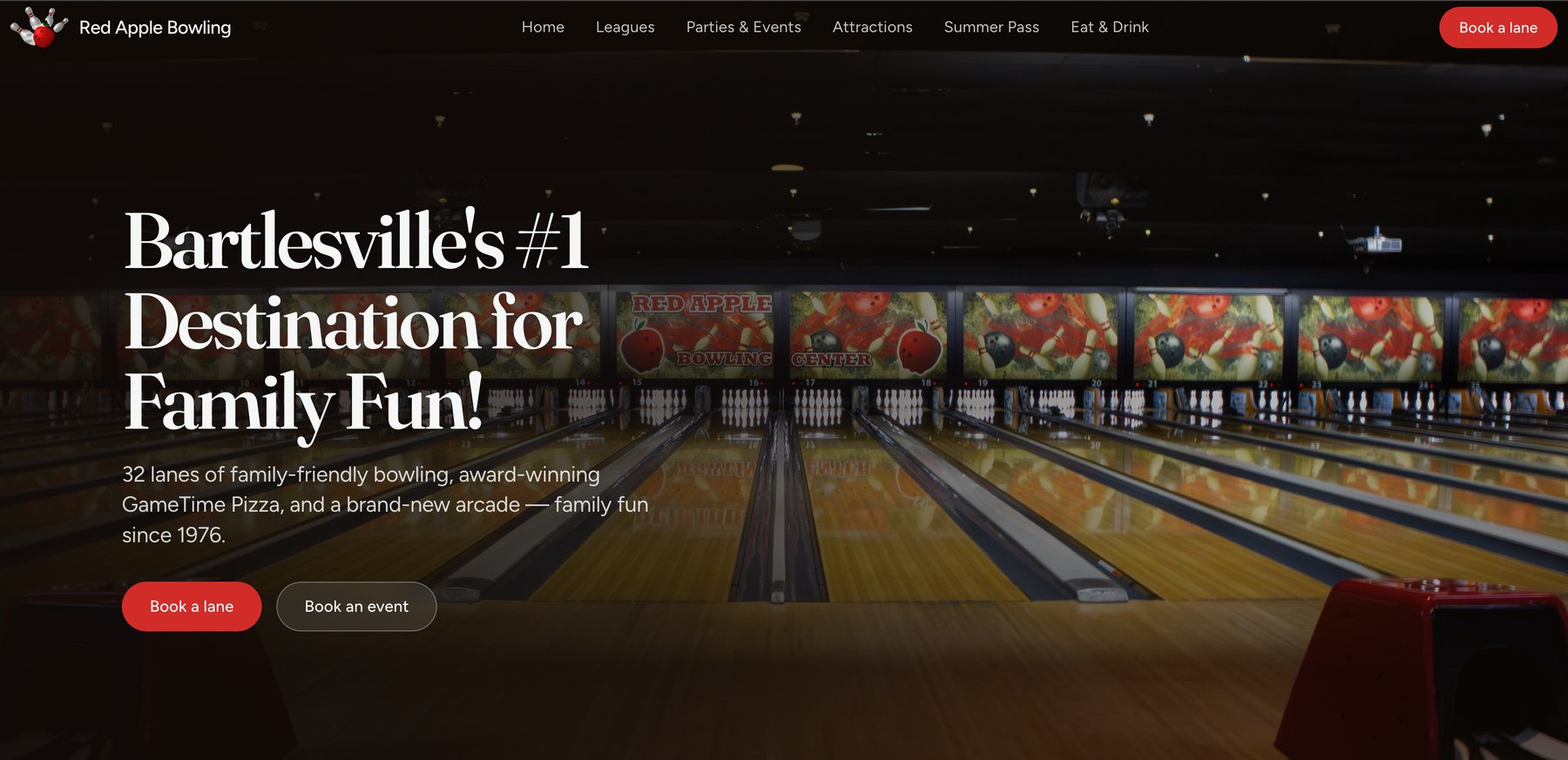 Red Apple Bowling website hero — a premium site rebuilt and branded as theirs
